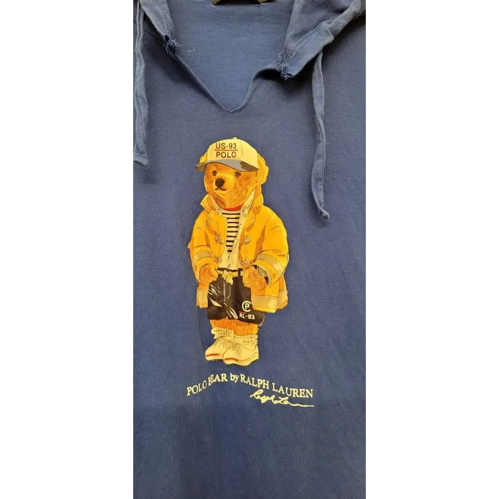 Polo Bear Lightweight Cotton Hoodie Sweatshirt in Blue Cute Spring Summer Sz. L - Picture 2 of 8